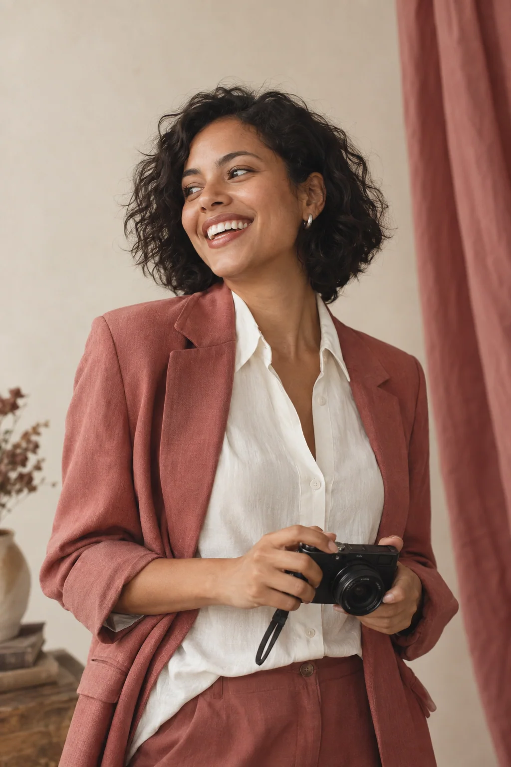 Illustrative fashion creator holding a camera
